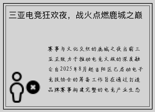 三亚电竞狂欢夜，战火点燃鹿城之巅